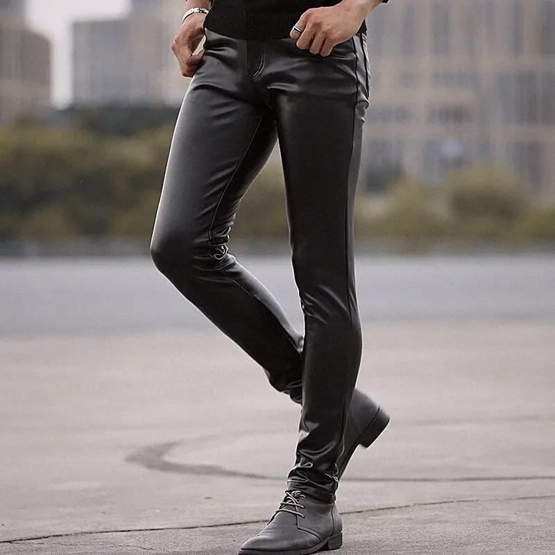 Herren Kunstleder Hose Schwarz PU Leggings Stretch Wet Look Slim Fit