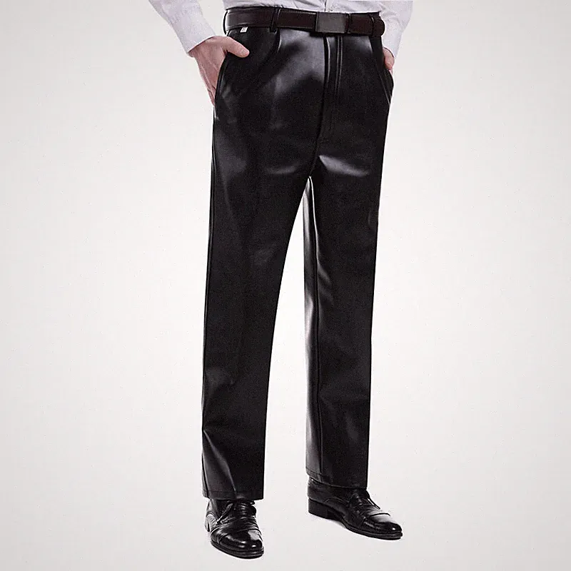 Herren Kunstleder Hose Wet Look Vintage Motorrad Biker Thermo Slim Schwarz
