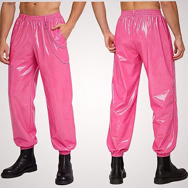 Herren Kunstleder Jogger Hose Wetlook Glänzende PU Leder Punk Cargo Pants