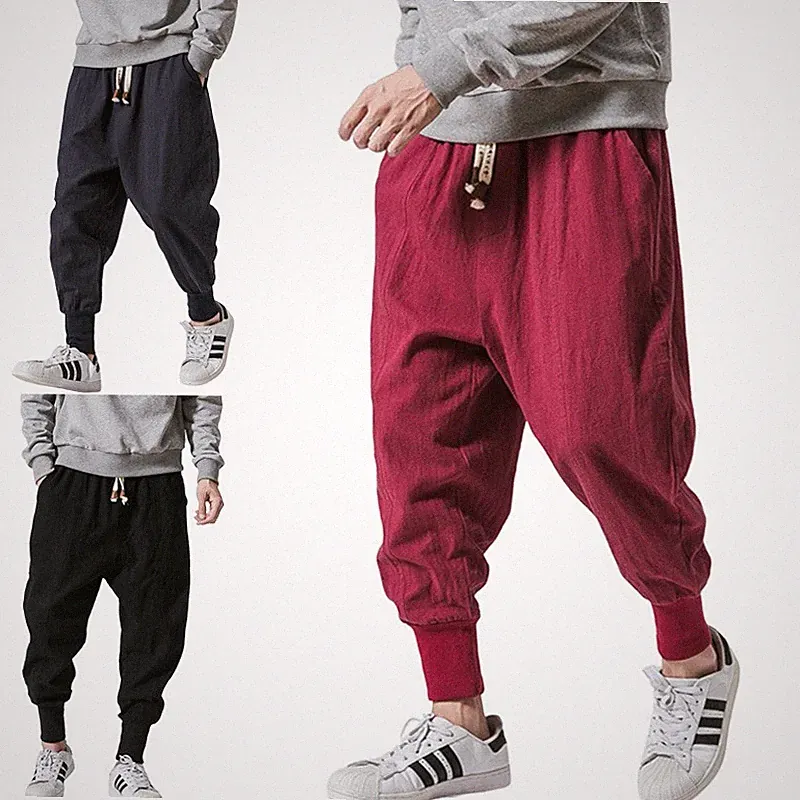 Herren Lässig Harems hose Baumwolle und Leinen lose Jogging hose mit weitem Bein