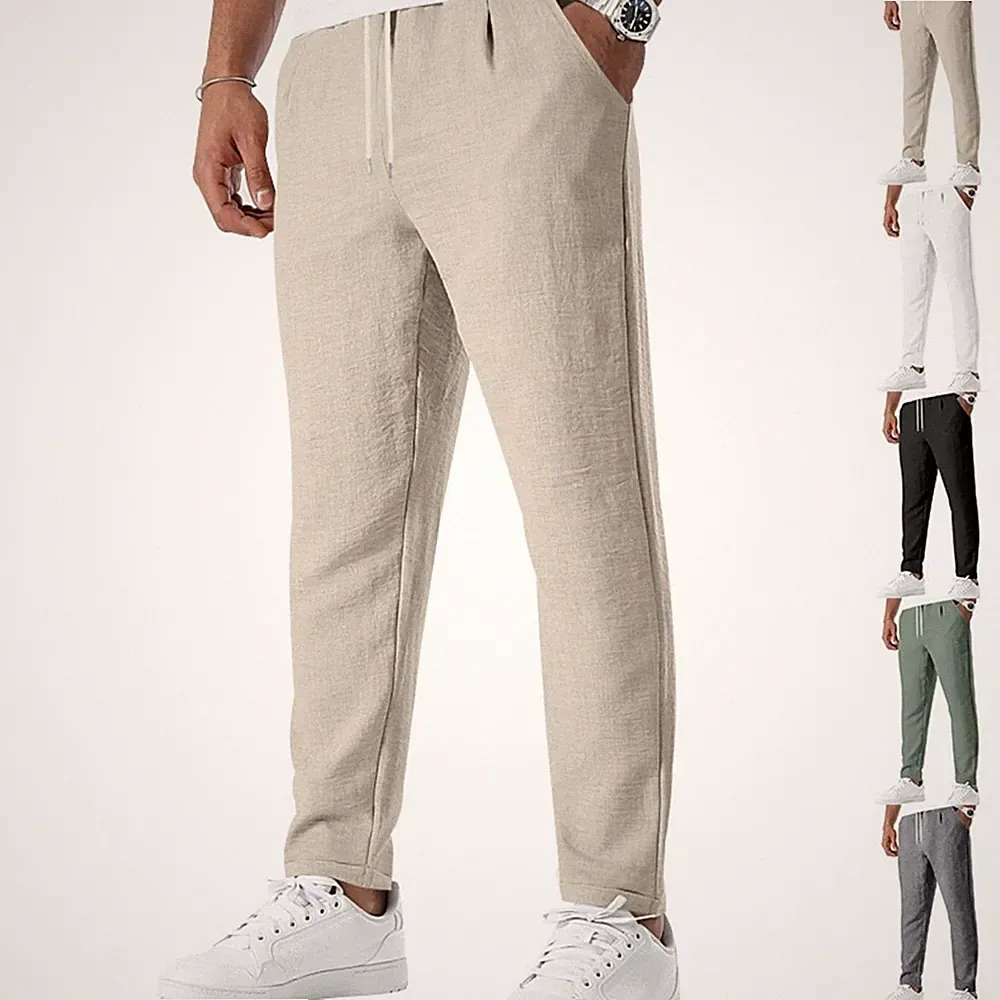 Herren Lang Leinenhose Sommerhose Loose Fit Freizeithose mit Taschen Kordelzug