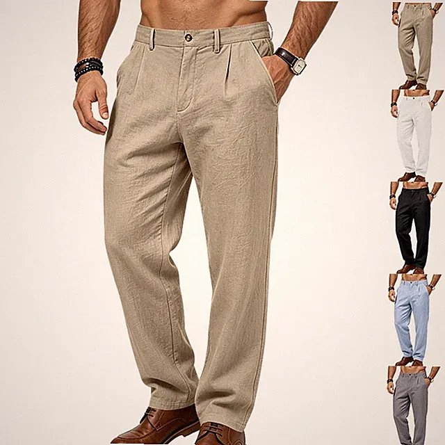 Herren Lang Leinenhose Sommerhose Loose Freizeithose Taschen Geradlinige Hose