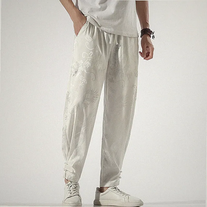 Herren Lange Hose Harem Hose Drachen Tai Chi Locker Kunstseide Satin Gummibund
