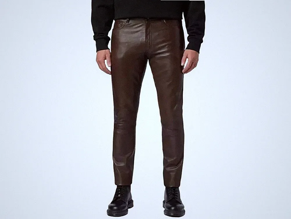 Herren Leder Dunkelbraun Lammleder Sweat Jeans Hose| Echt Weich Leder Hose