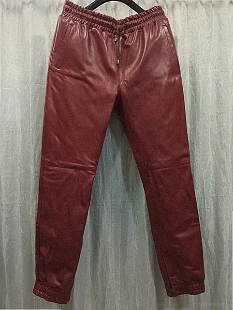 Herren Leder dunkelrote Jogginghose | Echtes weiches Lammleder Jogginghose Hose.
