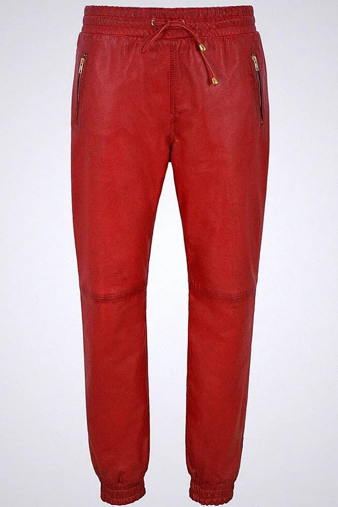 Herren Leder Hose Rot Napa Sweat Trainingshose Slim Fit Freizeit Kleidung