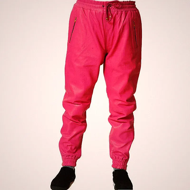 Herren Leder Rosa Lammfell Jogginghose Trainingshose Freizeit Hose