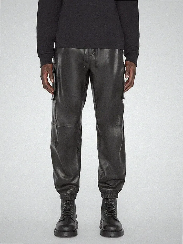 Herren Leder Schwarz Cargo Style Hose| Echt Lammleder Leder Jogginghose Hose 34