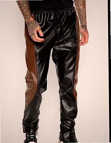 Herren Leder schwarz Lammleder Jogginghose. Braun gestreifte Jogginghose...