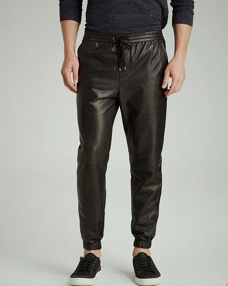 Herren Leder Schwarz Lammleder Slim Fit Sweatpants Reine Schafsleder Sweatpants