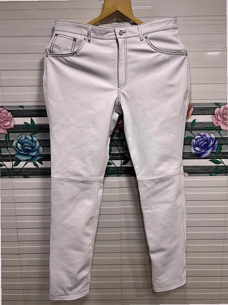 Herren Leder Weiß Lammleder Sweat Jeans Hose | Echtes Weiches Leder Biker Jeans.