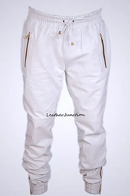 Herren Leder Weiße Lammfell Jogginghose Trainingshose Freizeit Hose
