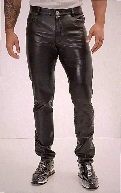Herren-Lederhose aus echtem Schafs-/Lammfell | Schwarze modische Lederjeans...