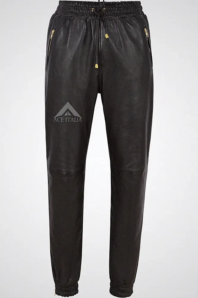 Herren Lederhose schwarz Napa Sweat Trainingshose Reißverschluss Jogginghose 3040