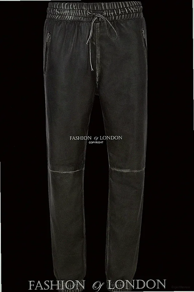 Herren Lederhose Schwarz Vintage Nappa Jogginghose Sweat Trainingshose 3040