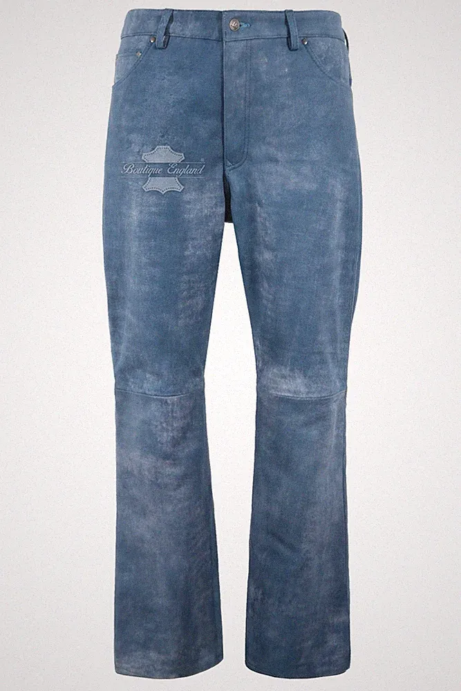 Herren Lederhose weites Bein Style Hose blau poliert weich Echtleder Jeans