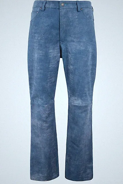 Herren Lederhose weites Bein Style Hose blau poliert weich Echtleder Jeans