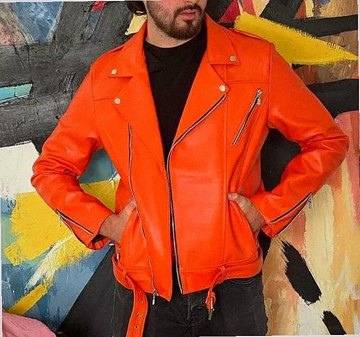 Herren Lederjacke Orange Echt Lammleder Lederjacke Motorrad