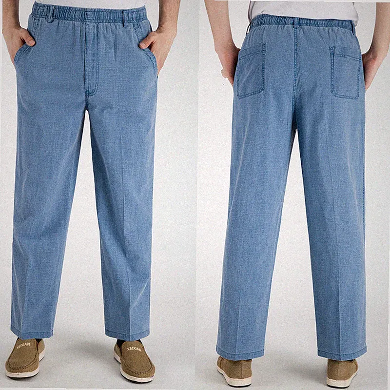 Herren Leinen Atmungsaktiv Gerades Bein Elastischer Bund Hose Lang Hose