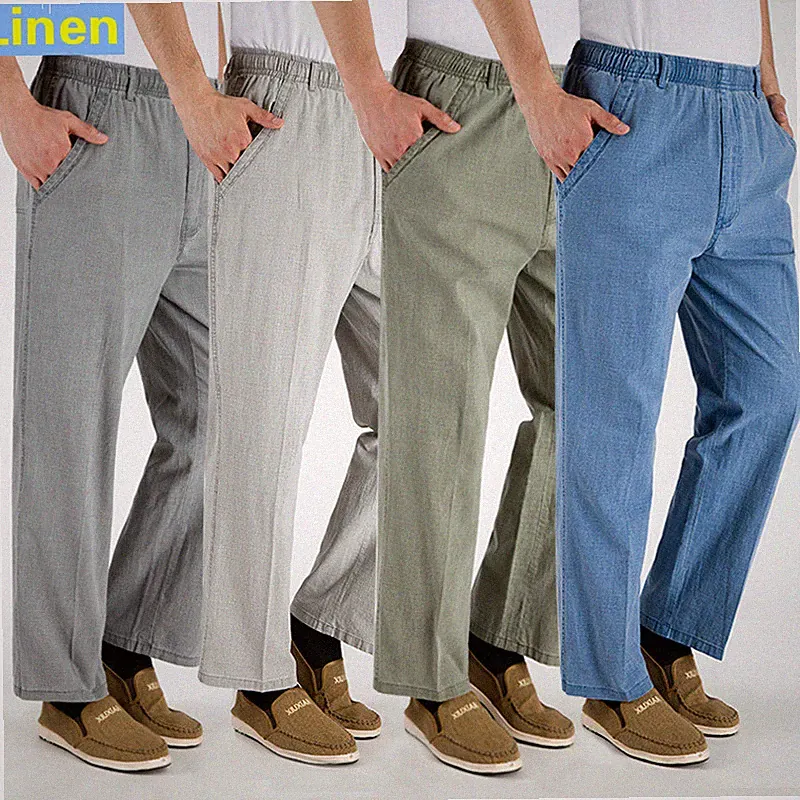 Herren Leinen Atmungsaktiv Gerades Bein Elastischer Bund Hose Lang Hose Locker