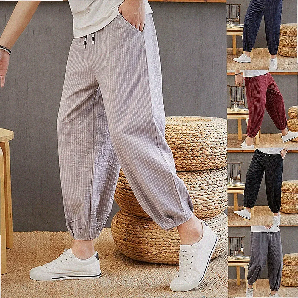 Herren Leinen Baumwolle Capri Hose Gestreift Kordelzug Konisch Hose Jogginghose