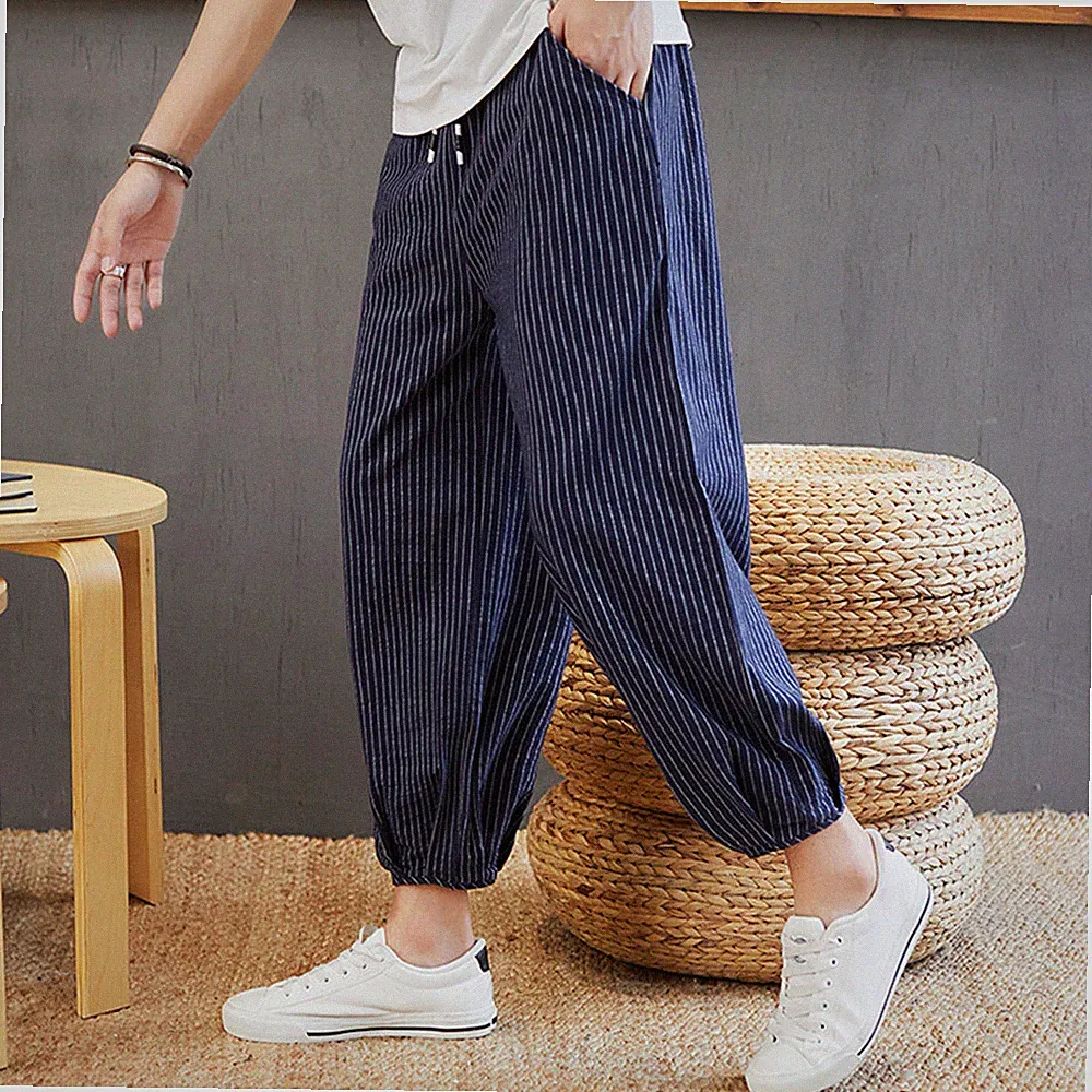 Herren Leinen Baumwolle Capri Hose Gestreift Kordelzug Konisch Hose Jogginghose