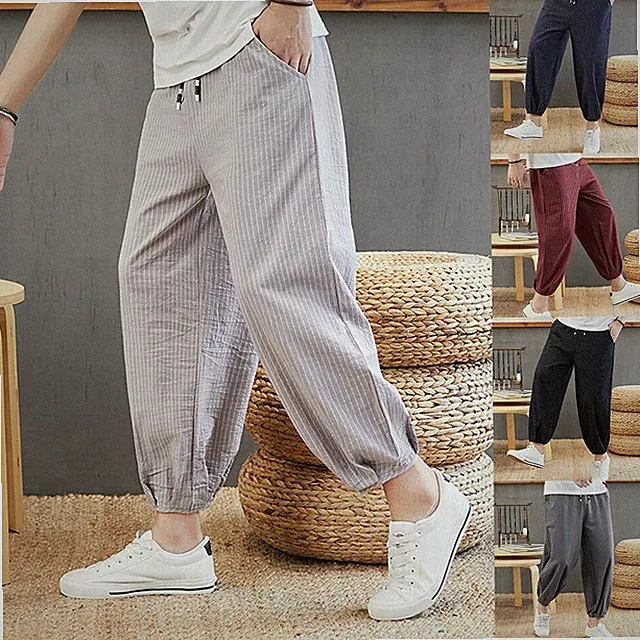 Herren Leinen-Baumwolle Capri-Hosen Gestreift Mit Kordelzug Tapered Jogginghosen