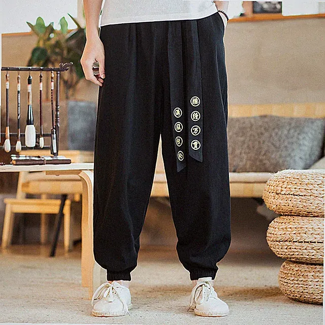 Herren Leinen Baumwolle Harem Jeans Hose Chinesisch Charakter Belt Jogginghosen