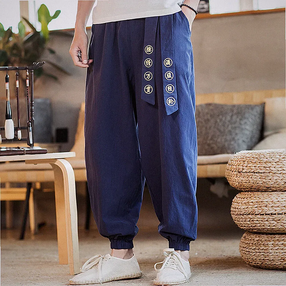 Herren Leinen Baumwolle Harem Jeans Hose Chinesisch Charakter Belt Jogginghosen