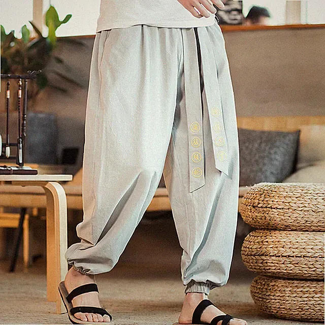 Herren Leinen Baumwolle Harem Jeans Hose Chinesisch Charakter Gürtel Jogginghose