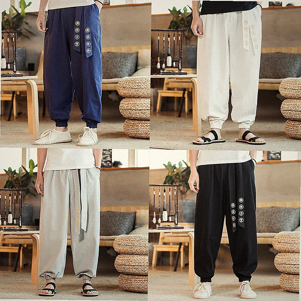 Herren Leinen Baumwolle Harem Jeans Hose Chinesisch Charakter Gürtel Jogginghose