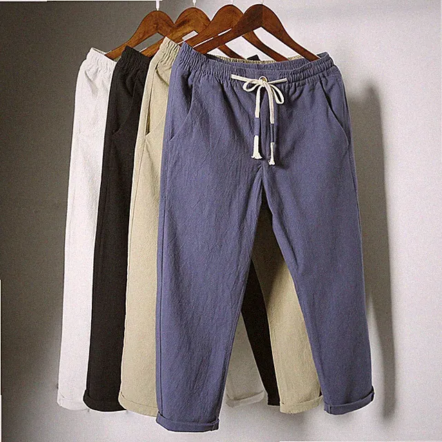 Herren Leinen Baumwolle Haremshose Baggy Locker Cropped Schwarz Kordelzug