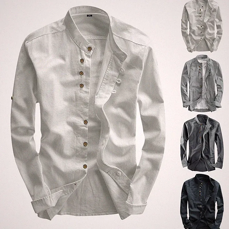 Herren Leinen Baumwolle Hemd Harajuku Stehkragen Langarm Slim Fit Einfarbig Tops