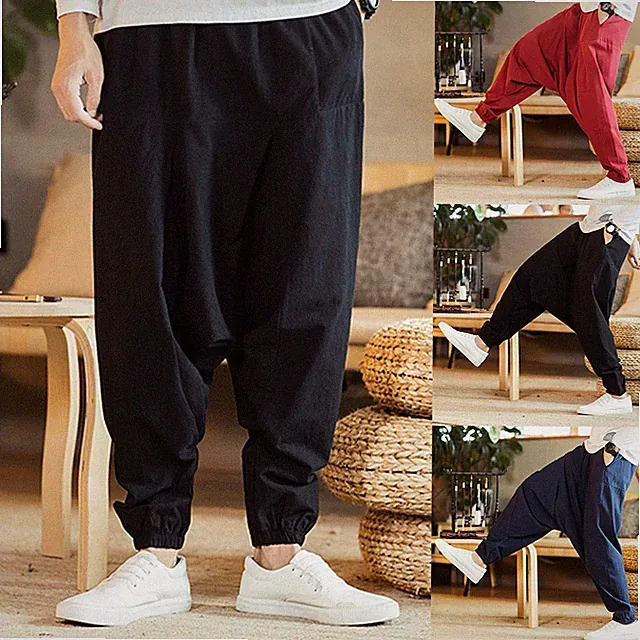 Herren Leinen Drop Low Schritt Harem Hosen Verjüngte Lockere Weite Jogginghosen