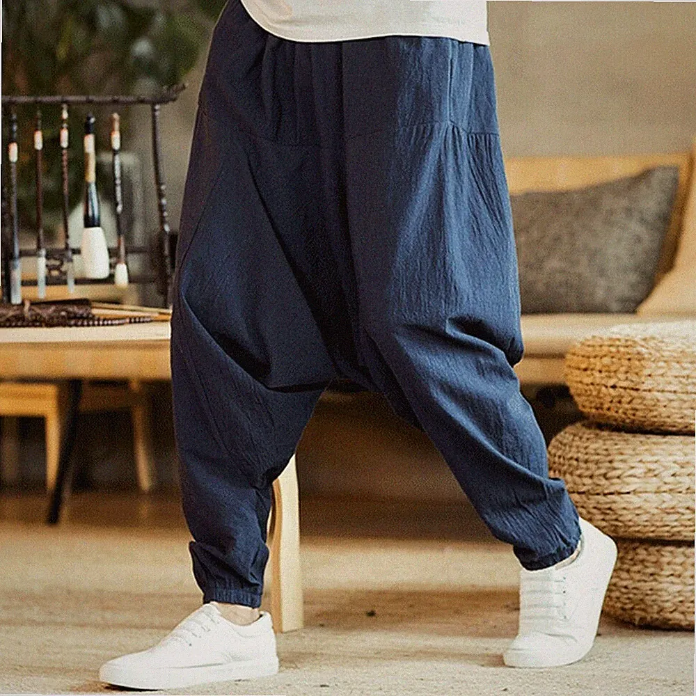 Herren Leinen Drop Low Schritt Harem Hosen Verjüngte Lockere Weite Jogginghosen