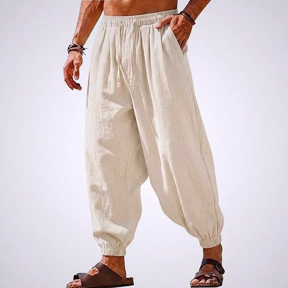 Herren Leinen Haremshose leichte lockere Passform Freizeit Jogginghose