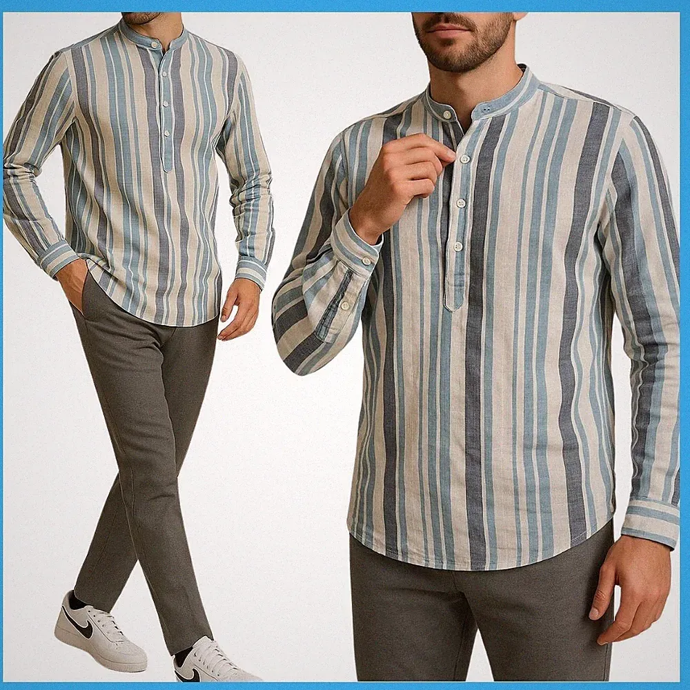 Herren Leinen Hemd Slim Fit Baumwolle Sommer Elegant Gestreift S M L XL XXL XXXL