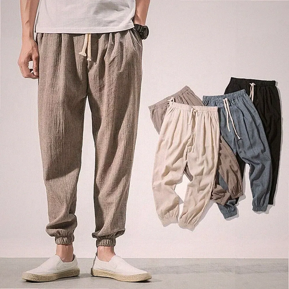 Herren Leinen Kordelzug Konisch Baggy Hose Gummibund Jogginghose Hose