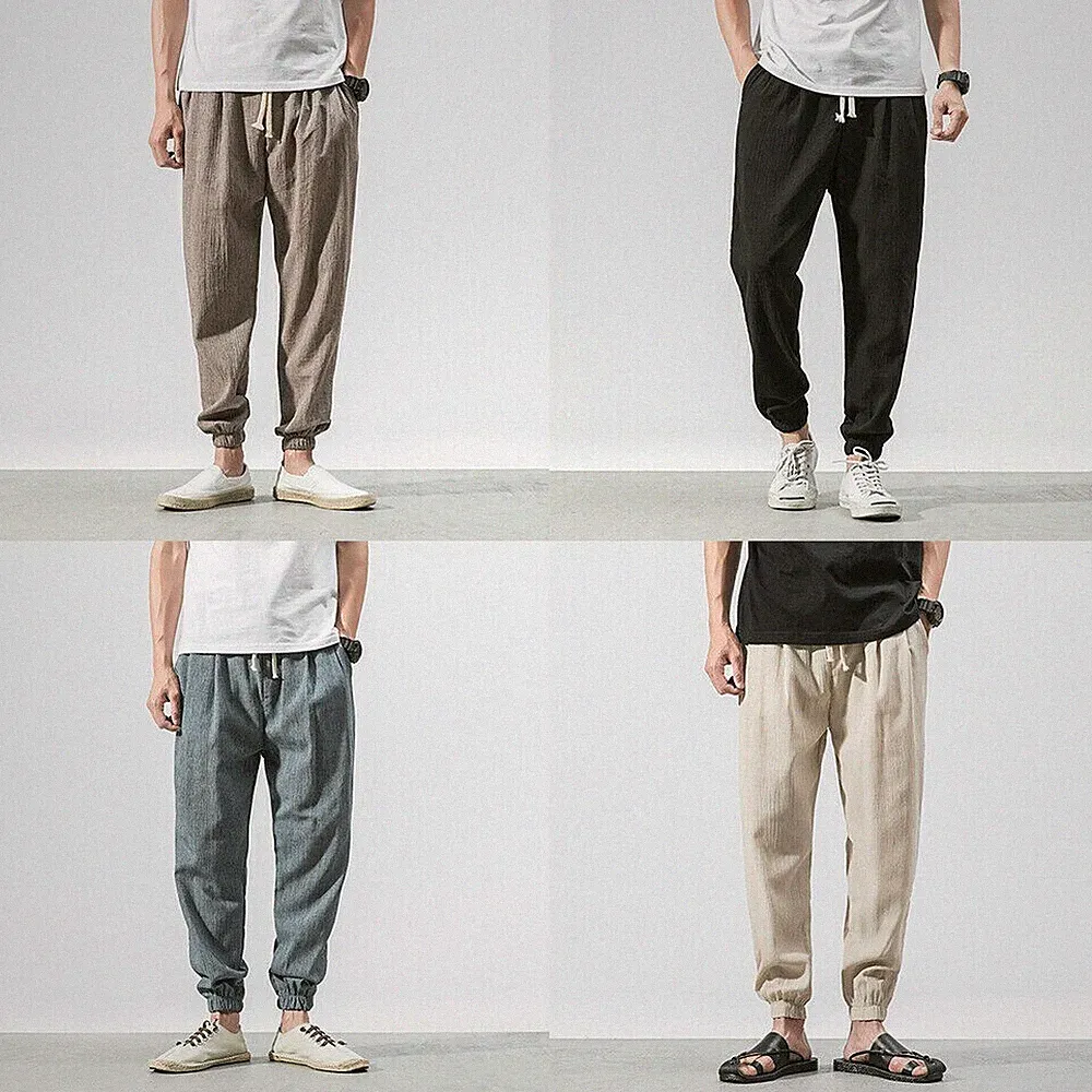 Herren Leinen Kordelzug Konisch Baggy Hose Gummibund Jogginghose Hose Herren