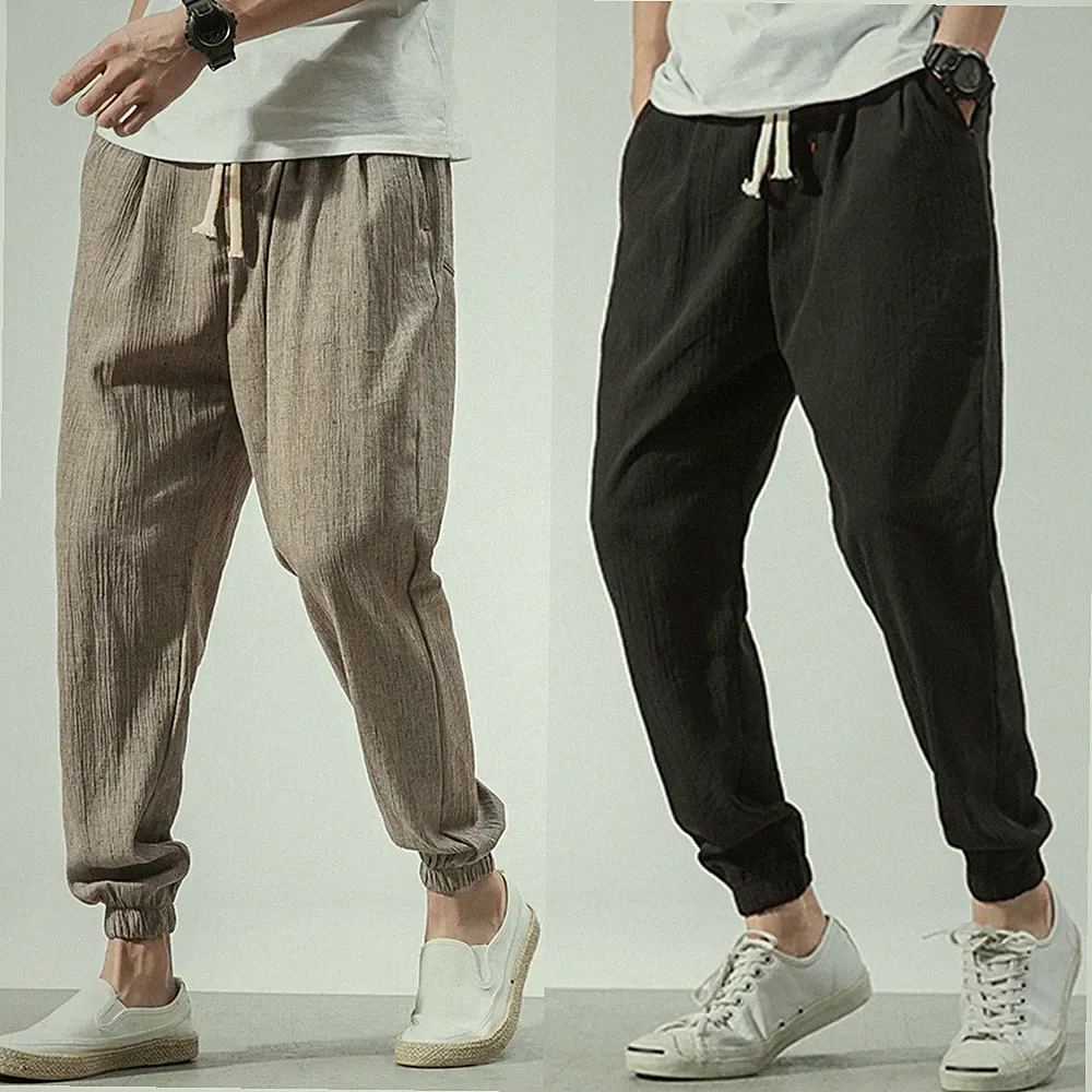 Herren Leinen Kordelzug Konisch Baggy Hose Gummibund Jogginghose Lang Hose Neu