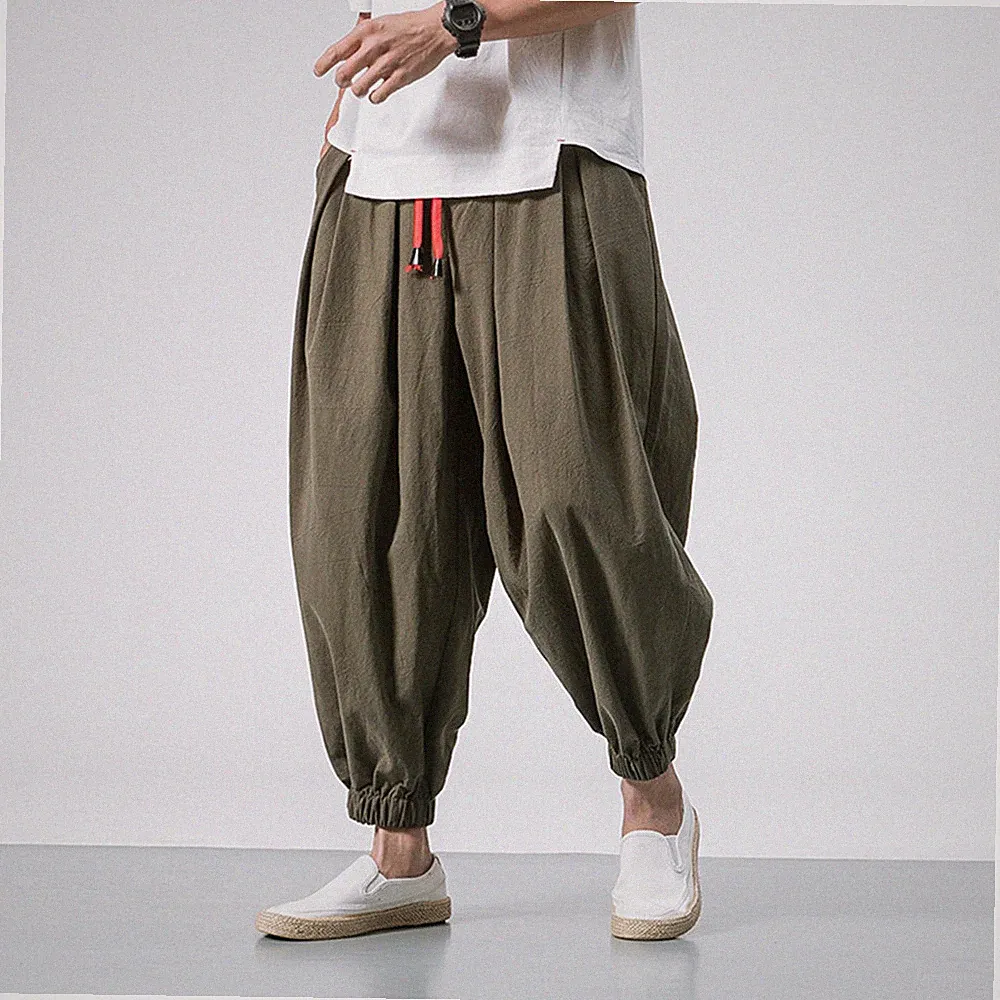 Herren Leinen Locker Baggy Haremshose Gummibund Jeans Hose Jogginghose Freizeit