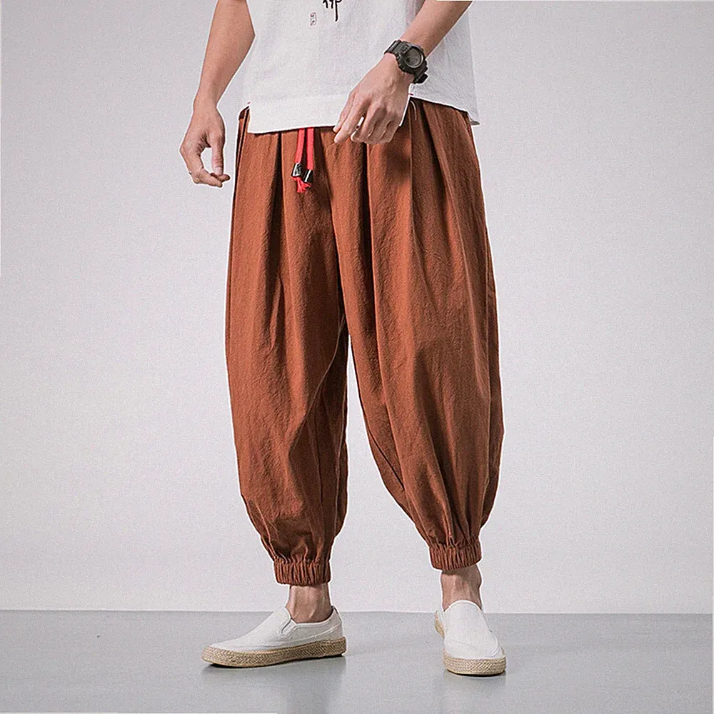 Herren Leinen Locker Baggy Haremshose Gummibund Jeans Hose Jogginghose Freizeit