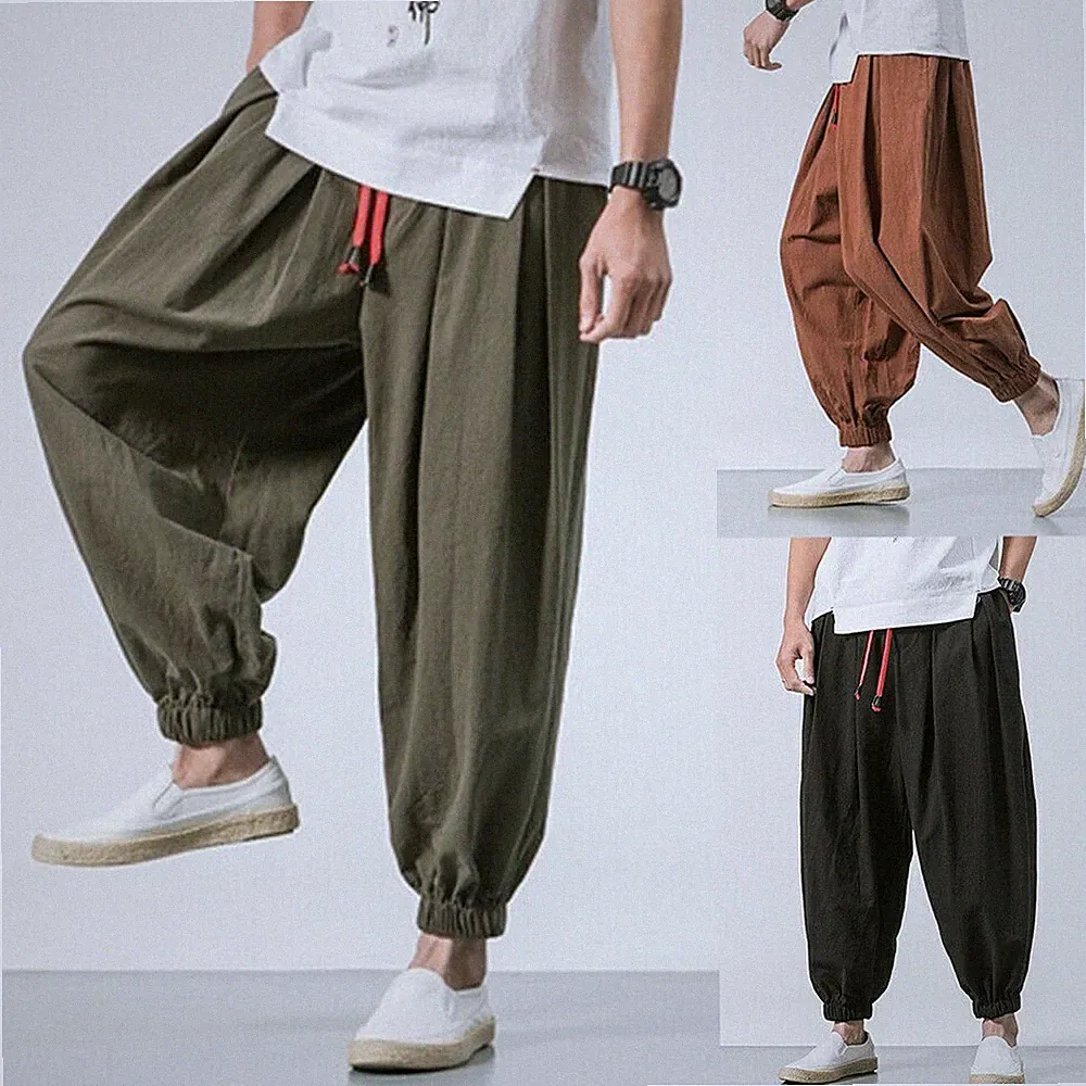 Herren Leinen Locker Baggy Haremshose Gummibund Konisch Hose Jogginghose