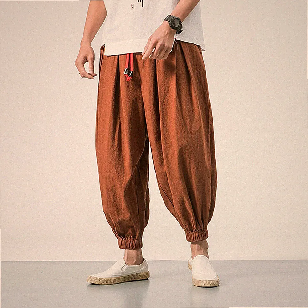 Herren Leinen Locker Baggy Haremshose Gummibund Konisch Hose Jogginghose