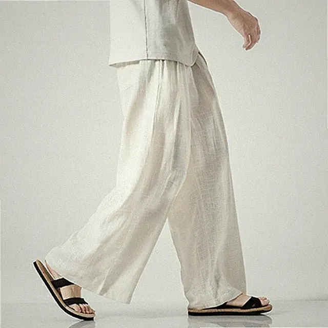 Herren Leinen Lockere Hose mit Weitem Bein Kordelzug Gummibund Ausgestellt Solid
