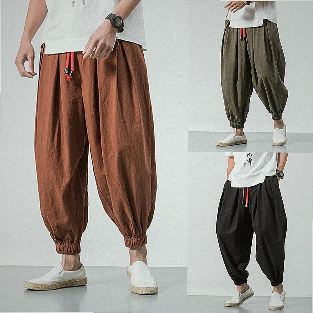 Herren Leinen Lose Baggy Harem Hosen Elastischer Bund Verjüngte Jogginghosen