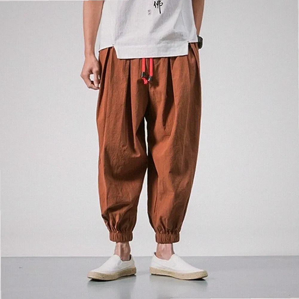 Herren Leinen Lose Baggy Harem Hosen Elastischer Bund Verjüngte Jogginghosen