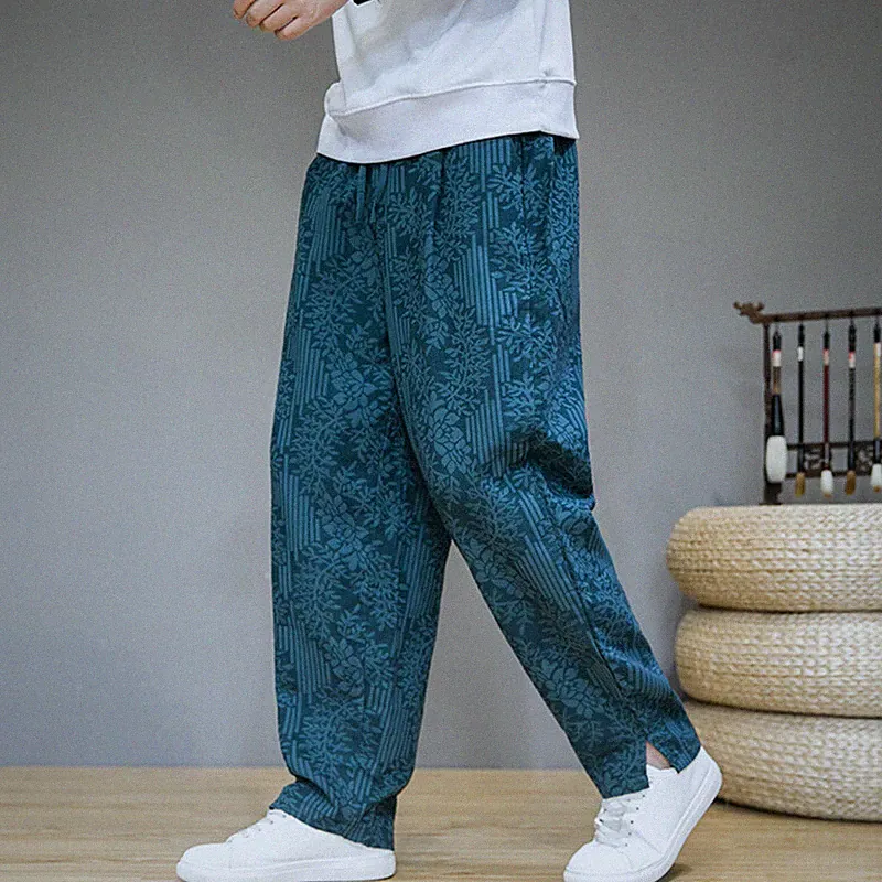Herren Leinen Mischung Blumenmuster Jogginghose Hose Gummibund Freizeit Ethnisch