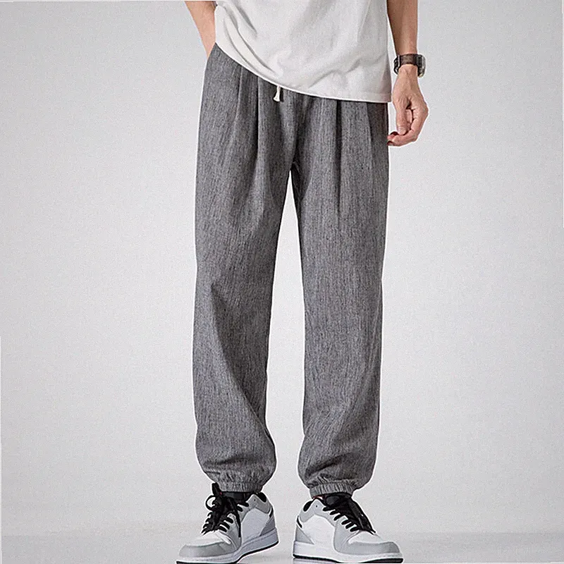 Herren Leinen Mischung Kordelzug Konisch Baggy Hose Gummibund Jogginghose Hose