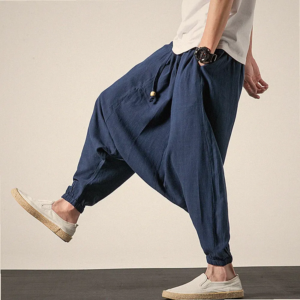 Herren Leinen Niedriger Schritt Baggy Harem Hose Jeans Jogginghose Gummibund